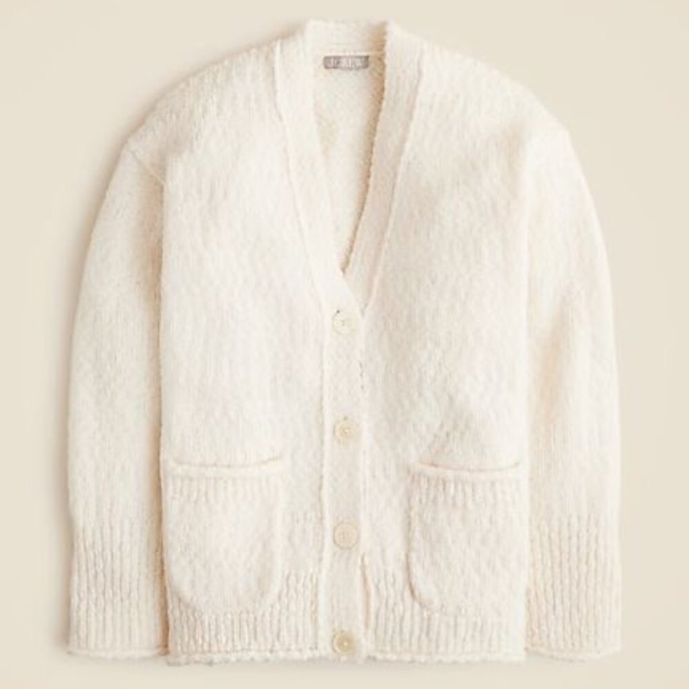 J. Crew Relaxed Cardigan Sweater in Textured Yarn Antique Ivory Button-Up SZ  XS - Picture 3 of 15